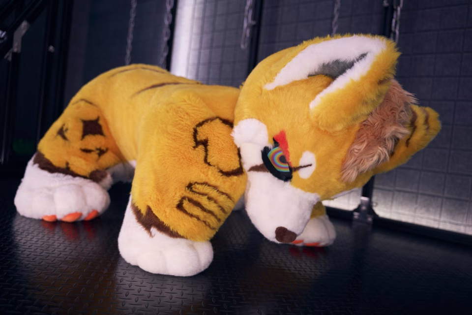 Playful golden FU series character crouching on all fours