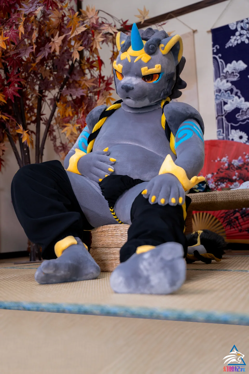 Gray, cyan and gold horned dragon, CHI series, studio photograph