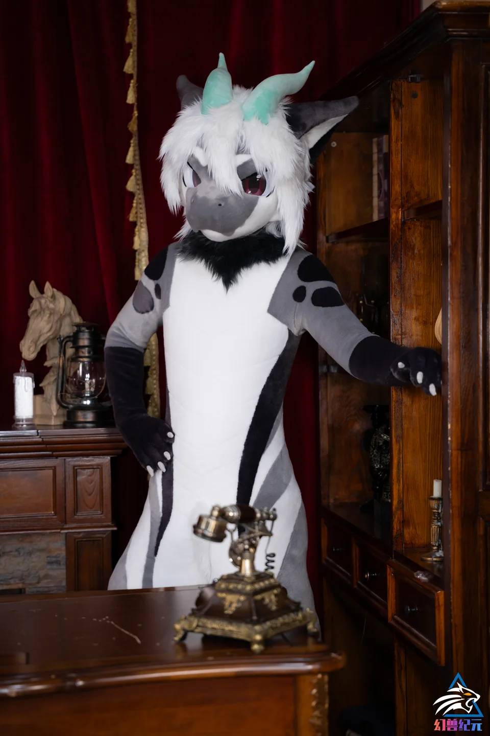 Grey and black winged dragon with mint horns, LAN series, studio photograph