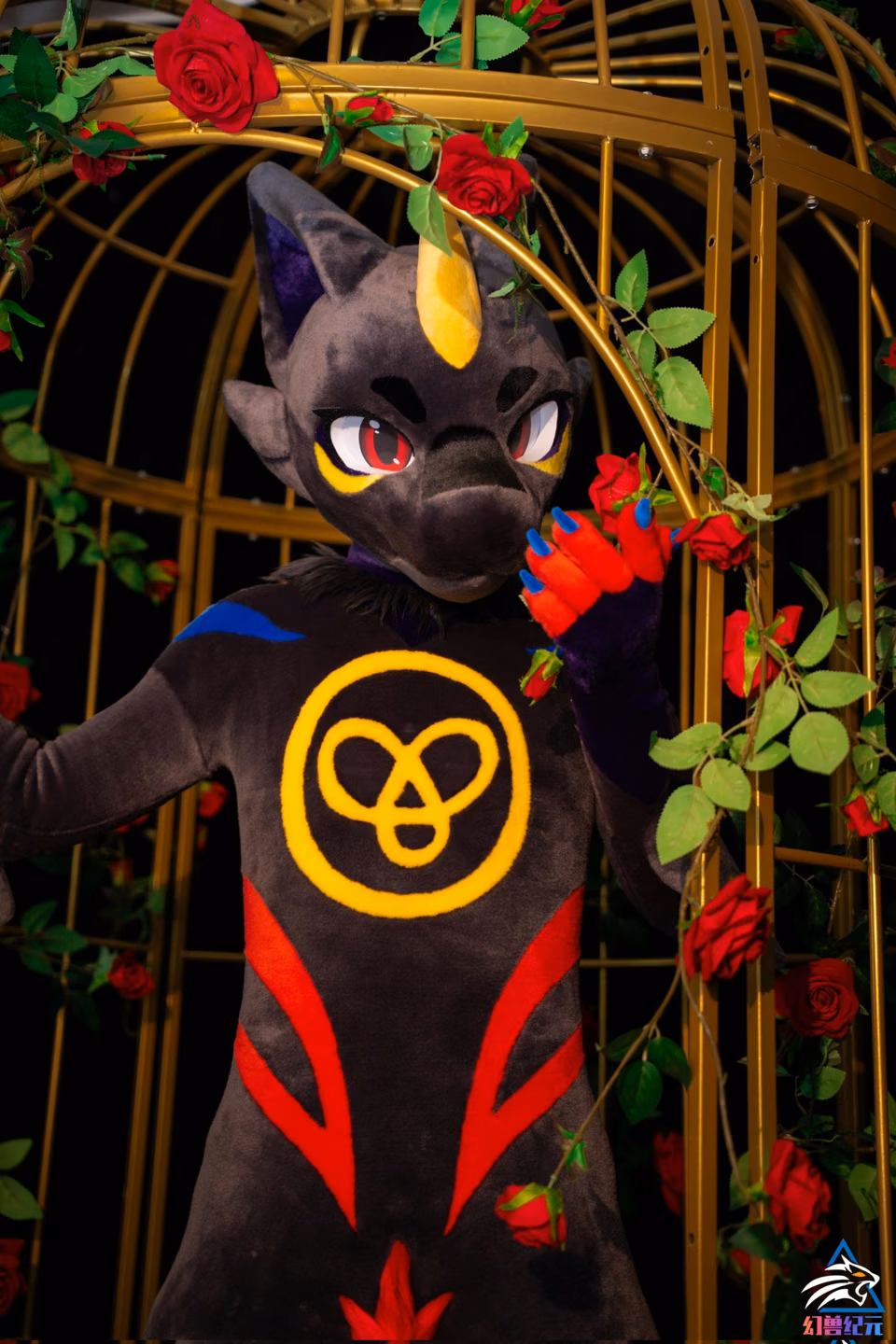 Dark NEOERA character among colorful plants